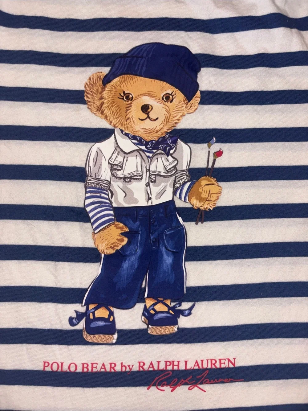 Girls Ralph Lauren White & Navy Striped Polo Bear Tee